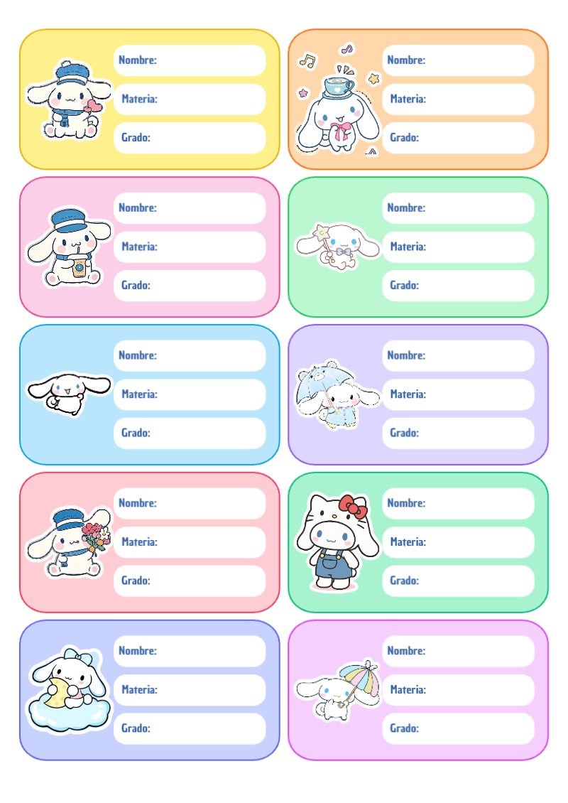 Etiquetas Escolares de CINNAMOROLL para Cuadernos Imprimir Gratis