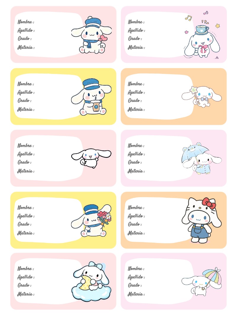 Etiquetas Escolares de CINNAMOROLL para Cuadernos Imprimir Gratis