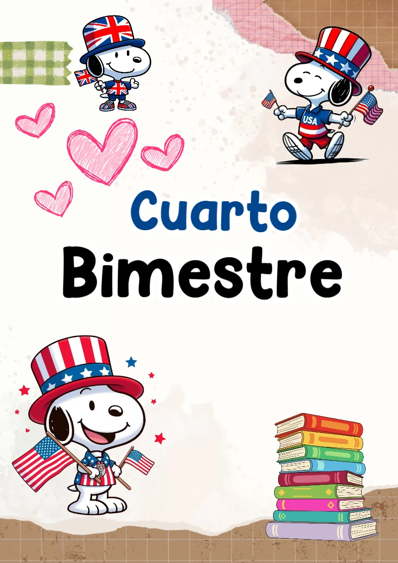 Portada de Cuarto Bimestre Snoopy para cuaderno con diseño escolar - con colores vivos y llamativos