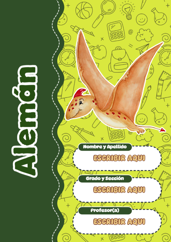 Portada de Dinosaurio de Alemán para cuaderno lista para imprimir en A4 - perfecto para organizar tus apuntes