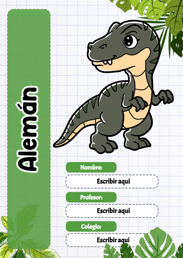 Portada de Dinosaurio de Alemán para cuaderno para clases - con colores vivos y llamativos