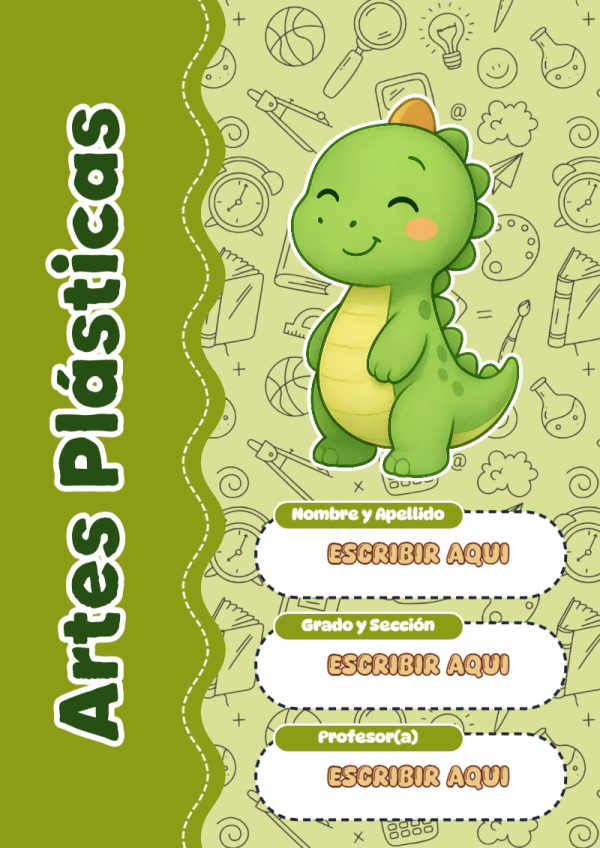 Portada de Dinosaurio de Artes Plásticas para cuaderno con diseño escolar - formato digital listo para usar