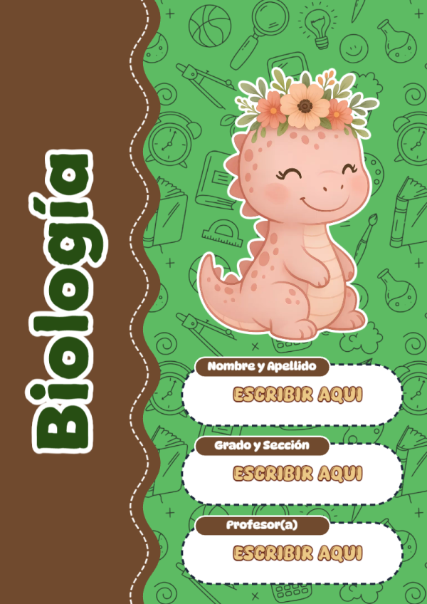 Portada de Dinosaurio de Biología para cuaderno fácil de imprimir - para personalizar tus materias