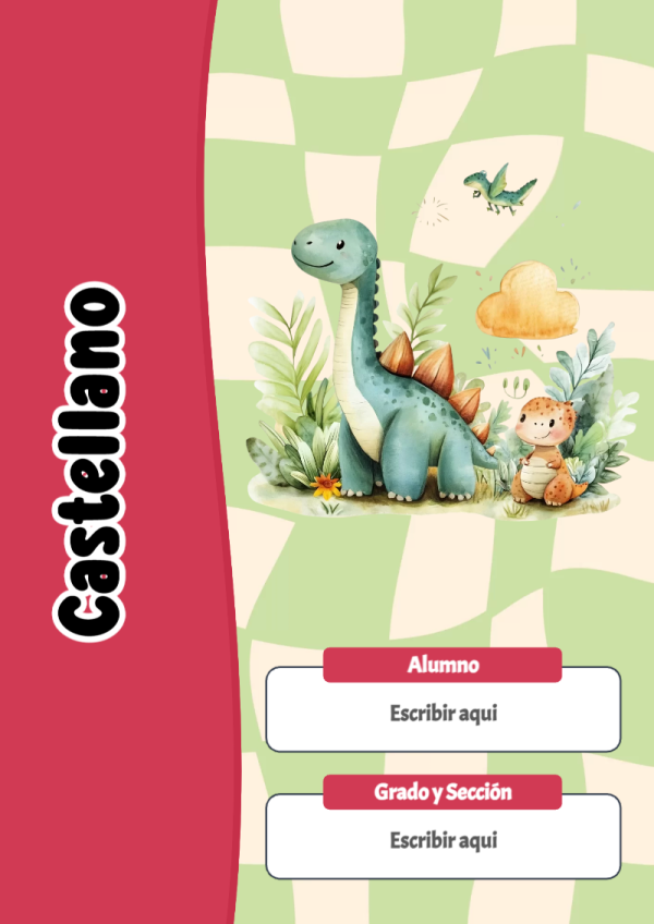Portada de Dinosaurio de Castellano para cuaderno para primaria - estilo único para estudiantes