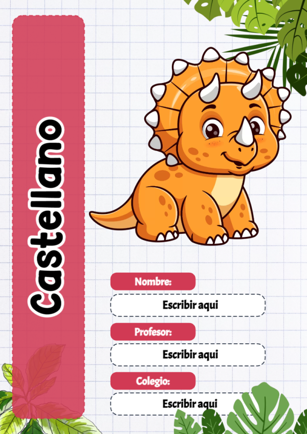 Portada de Dinosaurio de Castellano para cuaderno para clases - creación especial de Mini Canva