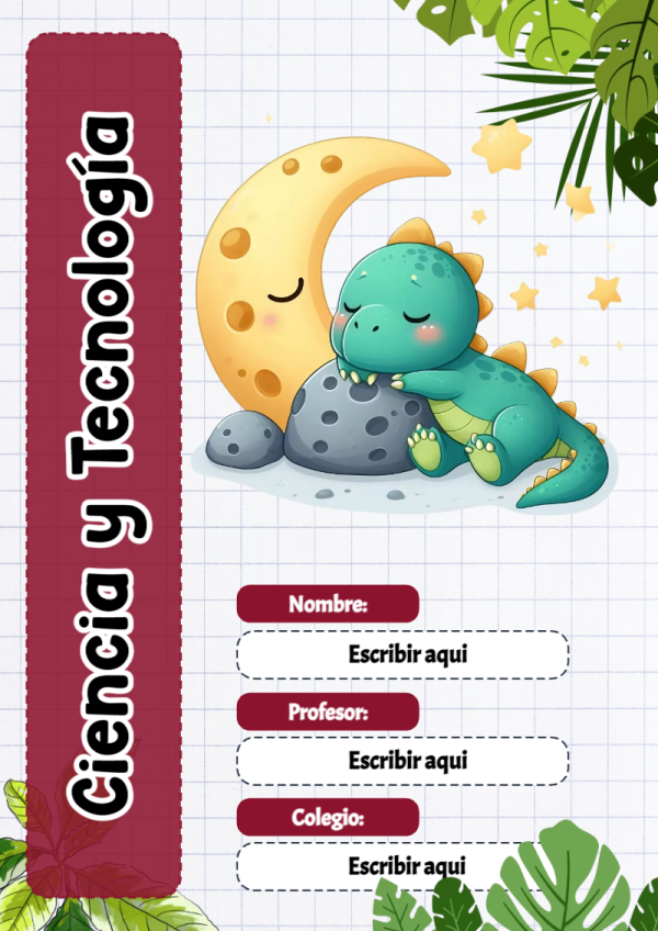 Portada de Dinosaurio de Ciencia y Tecnología para cuaderno llamativa y bonita - diseño escolar moderno