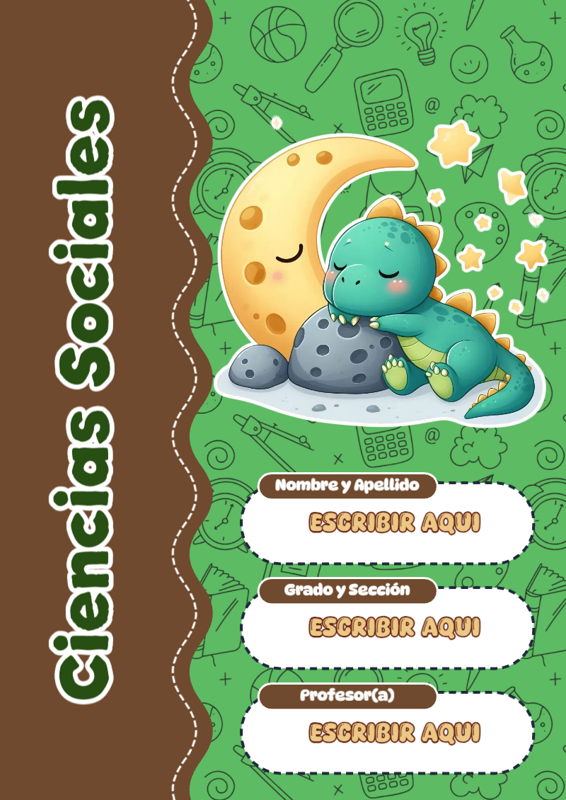 Portada de Dinosaurio de Ciencias Sociales para cuaderno lista para imprimir en A4 - diseño escolar moderno