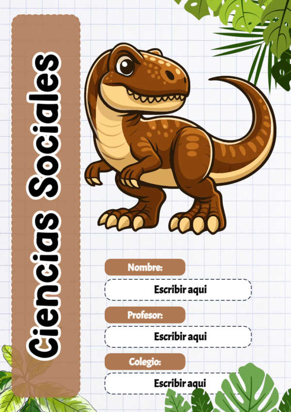 Portada de Dinosaurio de Ciencias Sociales para cuaderno con diseño escolar - tendencia educativa 2026