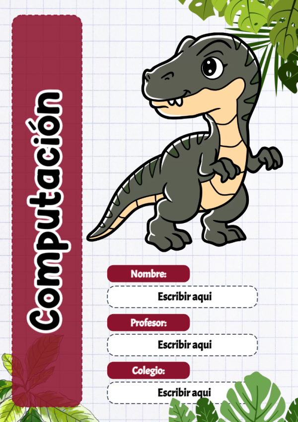 Portada de Dinosaurio de Computación para cuaderno para clases - diseño exclusivo y original