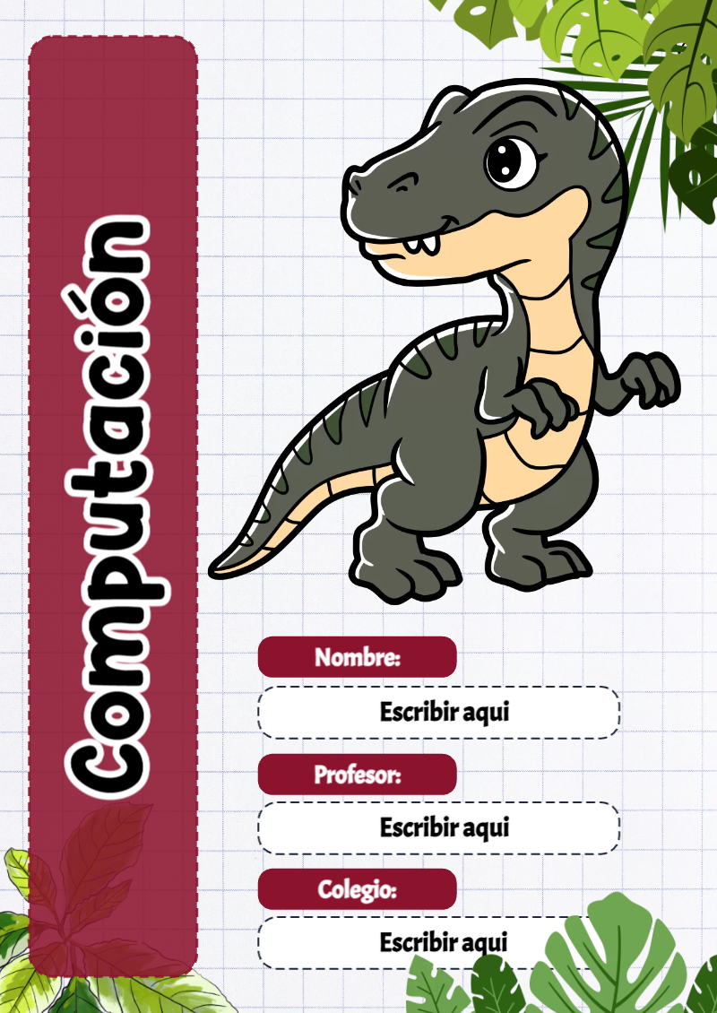 Portada de Dinosaurio de Computación para cuaderno para clases - diseño exclusivo y original