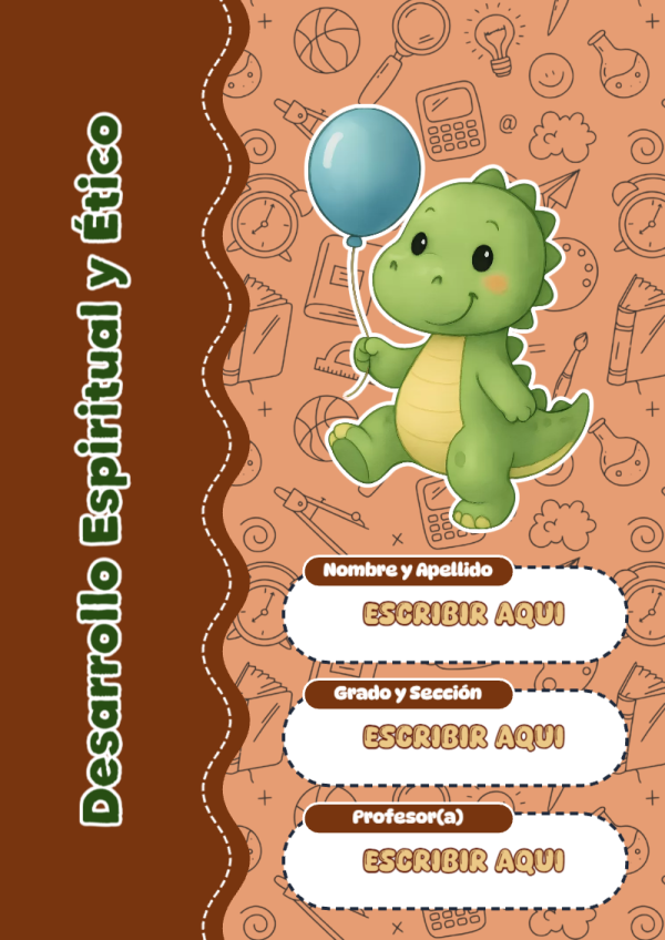 Portada de Dinosaurio de Desarrollo Espiritual y Ético para cuaderno para estudiantes - estilo único para estudiantes