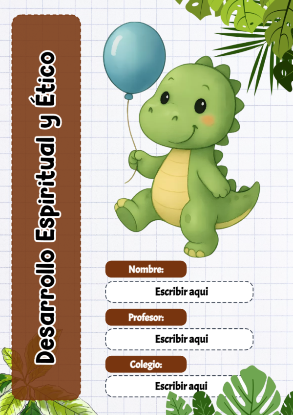 Portada de Dinosaurio de Desarrollo Espiritual y Ético para cuaderno para niños de primaria - con colores vivos y llamativos