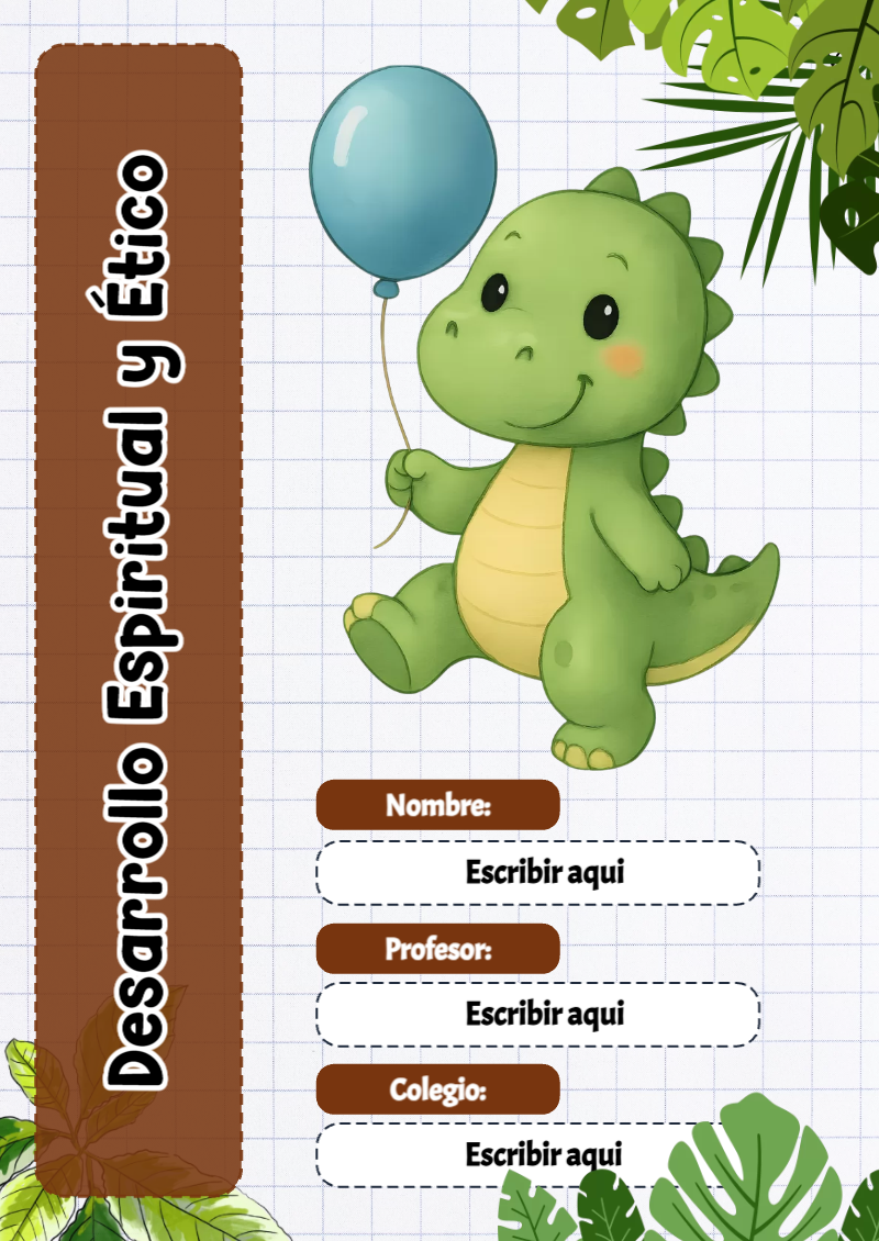 Portada de Dinosaurio de Desarrollo Espiritual y Ético para cuaderno para niños de primaria - con colores vivos y llamativos