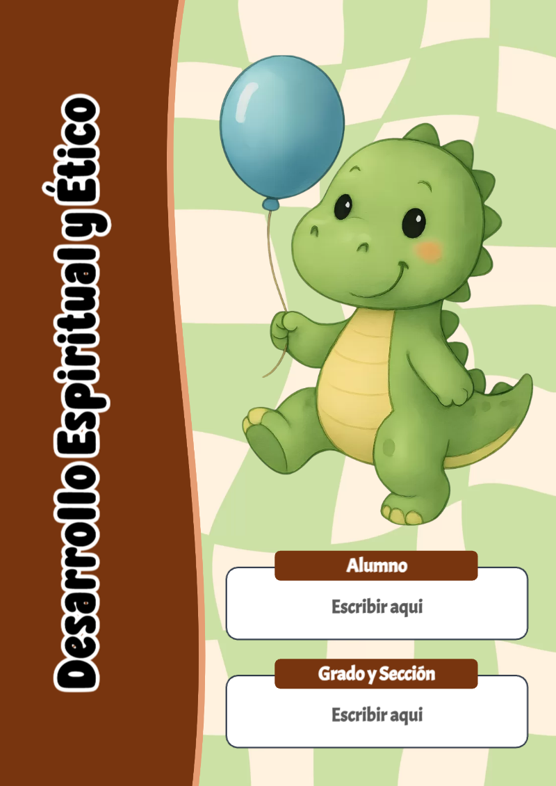 Portada de Dinosaurio de Desarrollo Espiritual y Ético para cuaderno llamativa y bonita - creación especial de Mini Canva