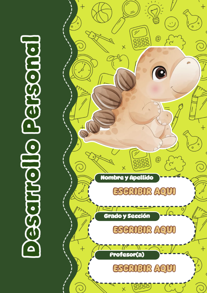 Portada de Dinosaurio de Desarrollo Personal para cuaderno en formato A4 - diseño exclusivo y original