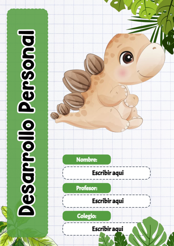 Portada de Dinosaurio de Desarrollo Personal para cuaderno en formato A4 - perfecto para organizar tus apuntes