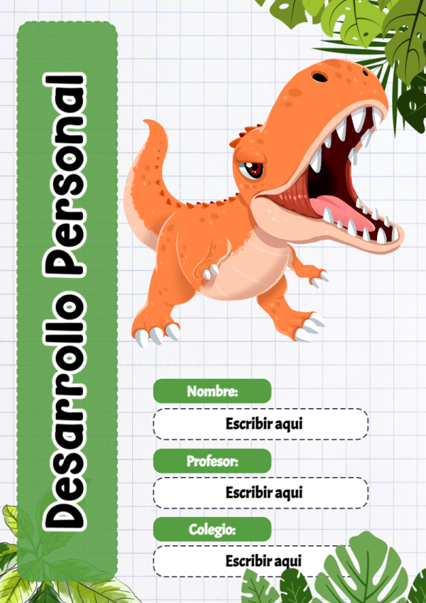 Portada de Dinosaurio de Desarrollo Personal para cuaderno con estilo infantil - formato digital listo para usar