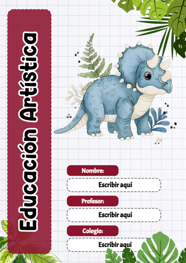 Portada de Dinosaurio de Educación Artística para cuaderno con diseño bonito - disponible para descarga gratuita