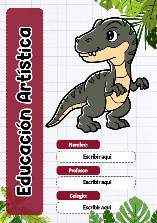 Portada de Dinosaurio de Educación Artística para cuaderno personalizada para imprimir - tendencia educativa 2026
