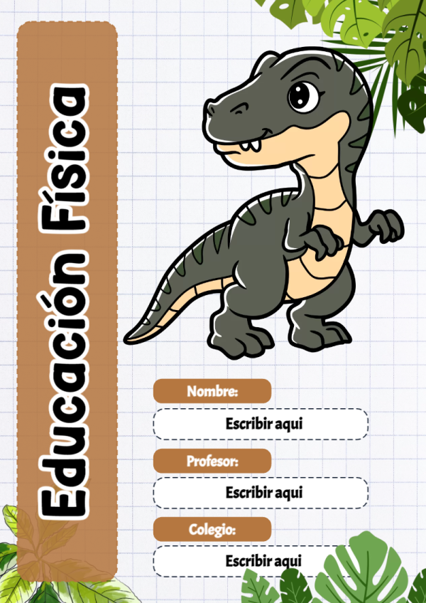Portada de Dinosaurio de Educación Física para cuaderno con diseño escolar - diseño escolar moderno