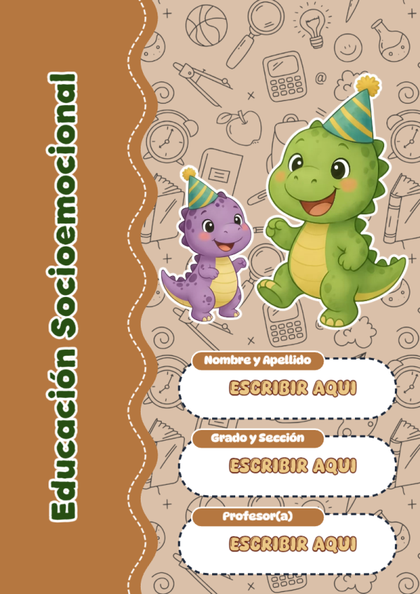 Portada de Dinosaurio de Educación Socioemocional para cuaderno lista para imprimir en A4 - para el regreso a clases