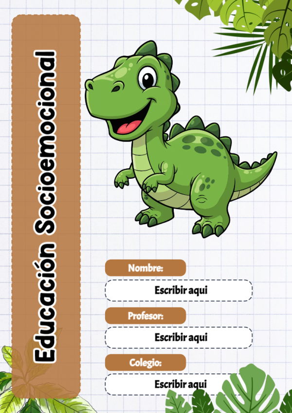 Portada de Dinosaurio de Educación Socioemocional para cuaderno colorida y creativa - tendencia educativa 2026