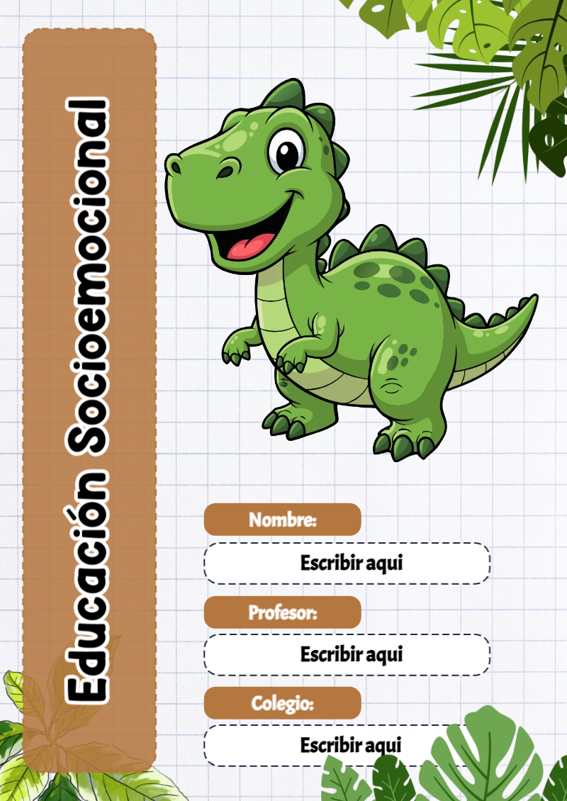 Portada de Dinosaurio de Educación Socioemocional para cuaderno colorida y creativa - tendencia educativa 2026