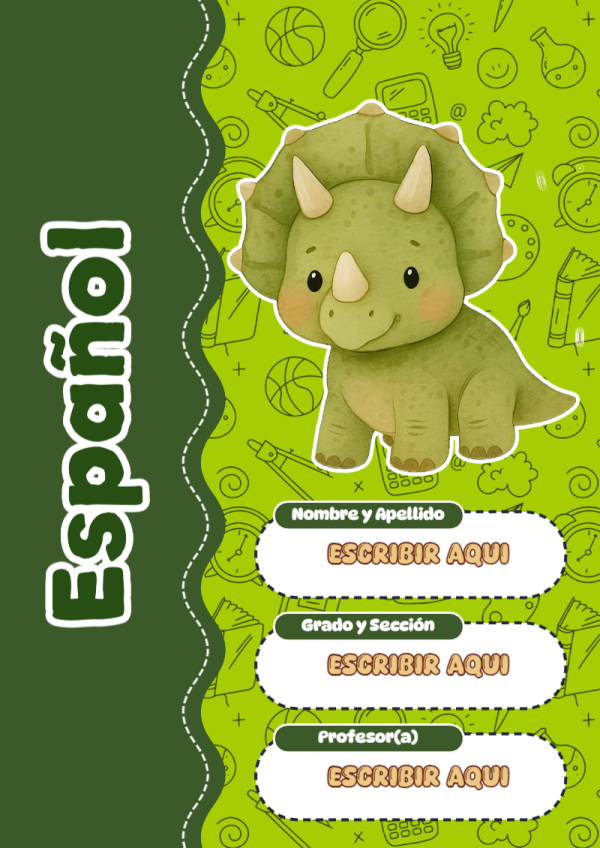 Portada de Dinosaurio de Español para cuaderno escolar para imprimir gratis - diseño exclusivo y original