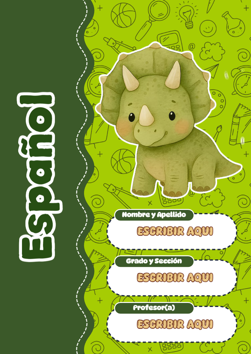Portada de Dinosaurio de Español para cuaderno escolar para imprimir gratis - diseño exclusivo y original