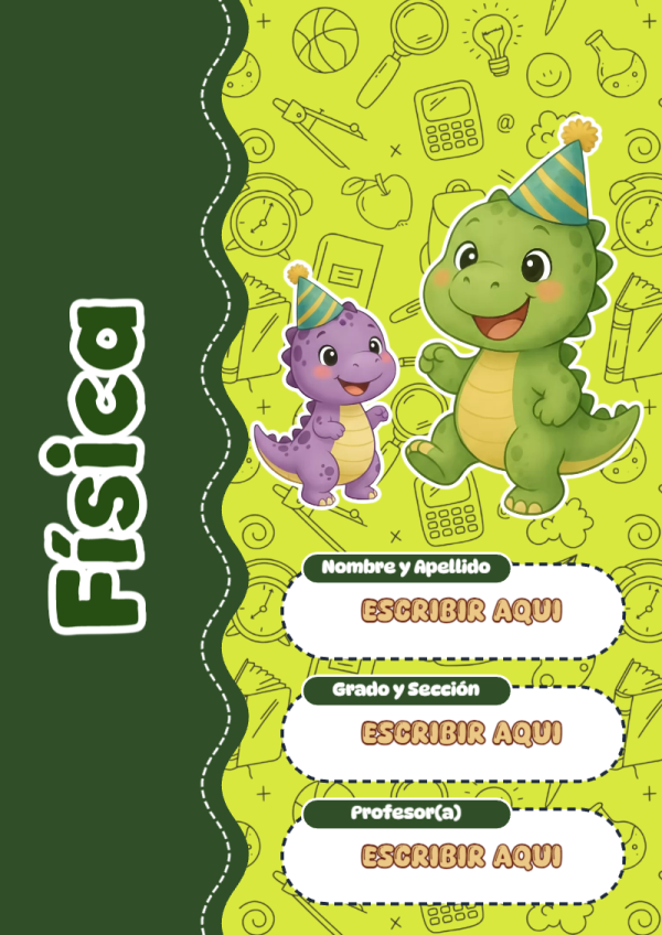 Portada de Dinosaurio de Física para cuaderno con estilo infantil - diseño exclusivo y original
