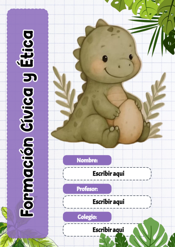 Portada de Dinosaurio de Formación Cívica y Ética para cuaderno fácil de imprimir - ideal para el nuevo año escolar