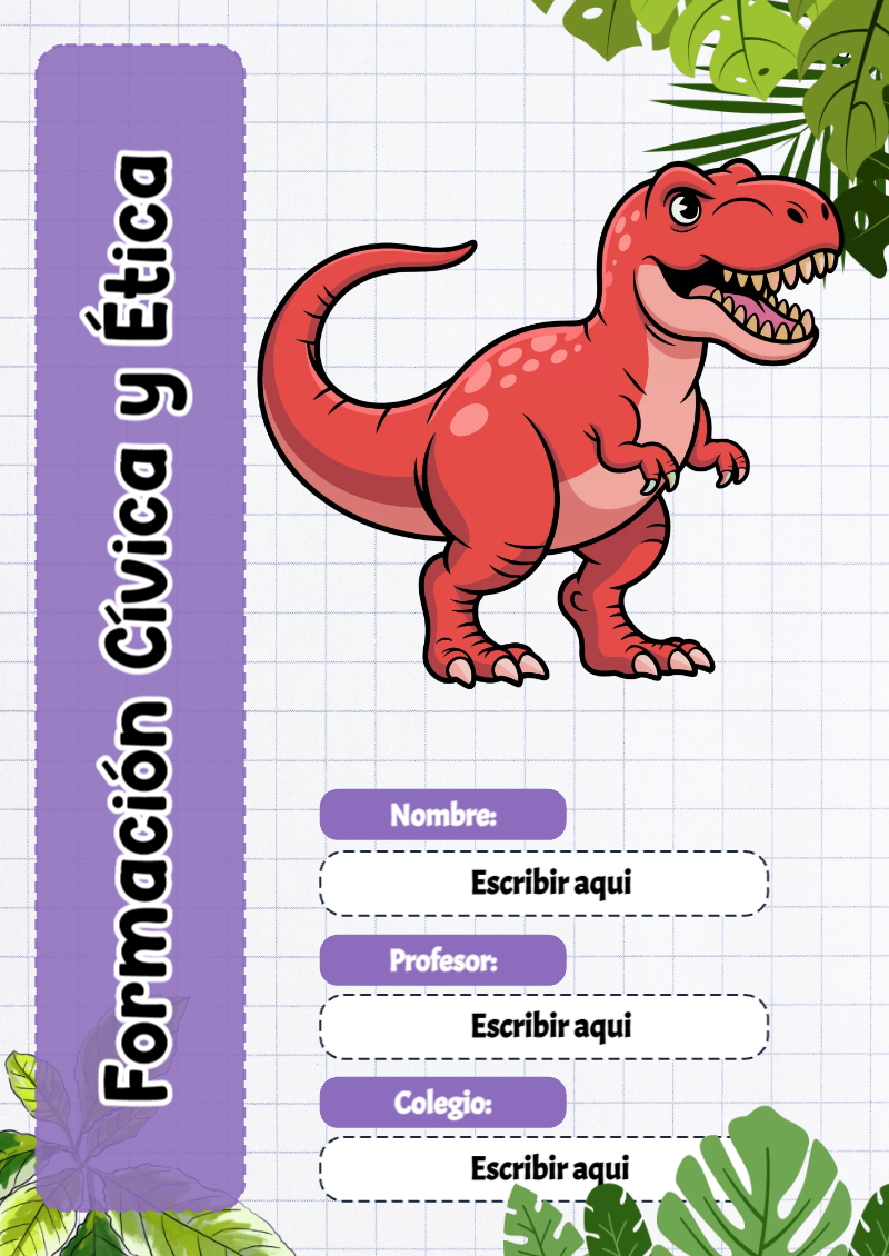 Portada de Dinosaurio de Formación Cívica y Ética para cuaderno con estilo infantil - versión premium para imprimir