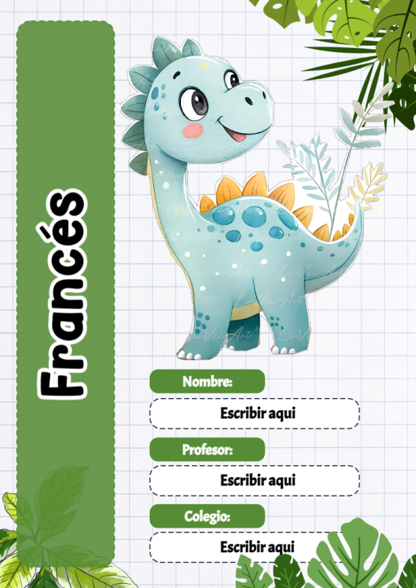 Portada de Dinosaurio de Francés para cuaderno con diseño bonito - versión premium para imprimir
