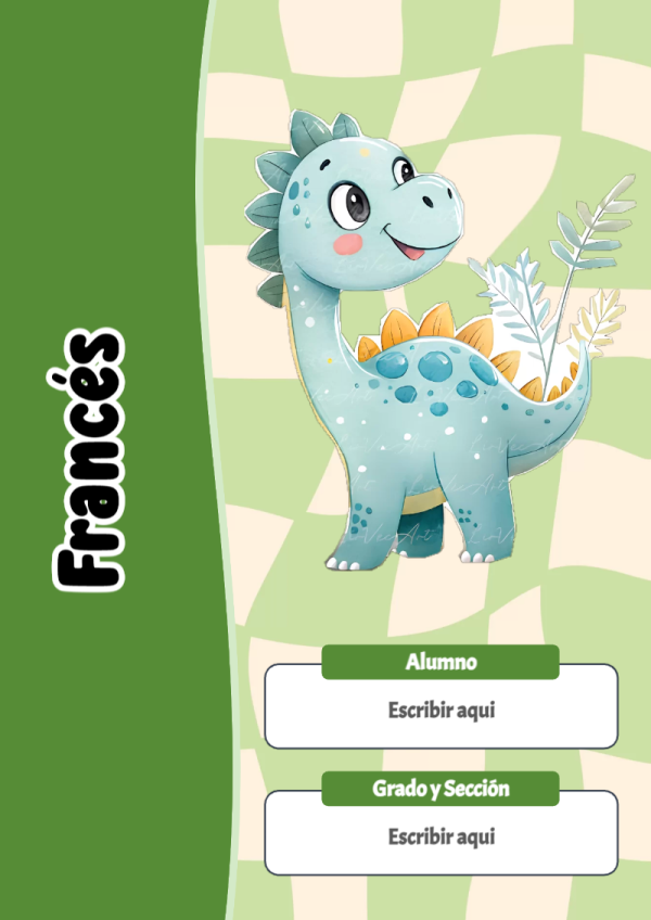Portada de Dinosaurio de Francés para cuaderno escolar creativa - con colores vivos y llamativos
