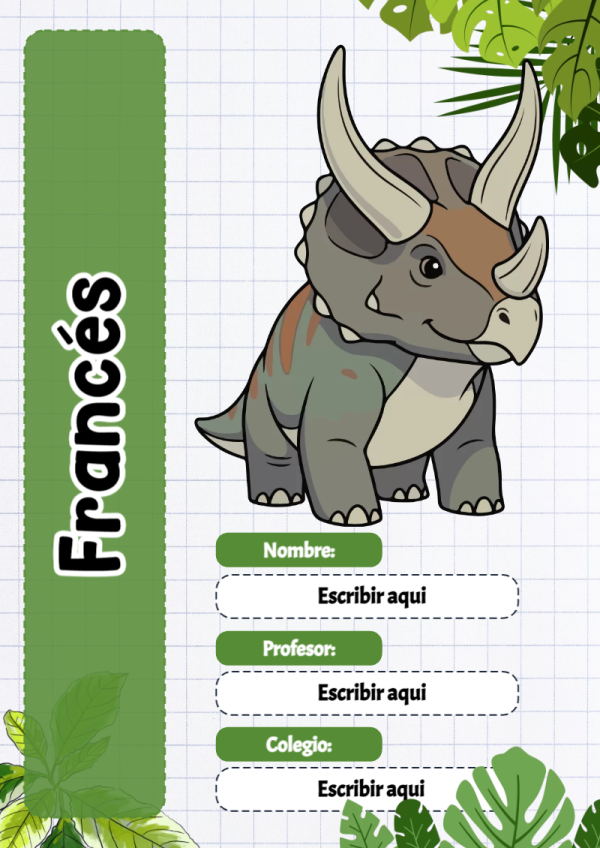 Portada de Dinosaurio de Francés para cuaderno para estudiantes - con colores vivos y llamativos