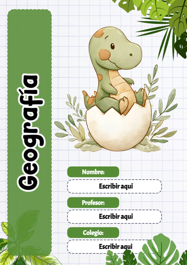 Portada de Dinosaurio de Geografía para cuaderno decorativa y bonita - diseño exclusivo y original