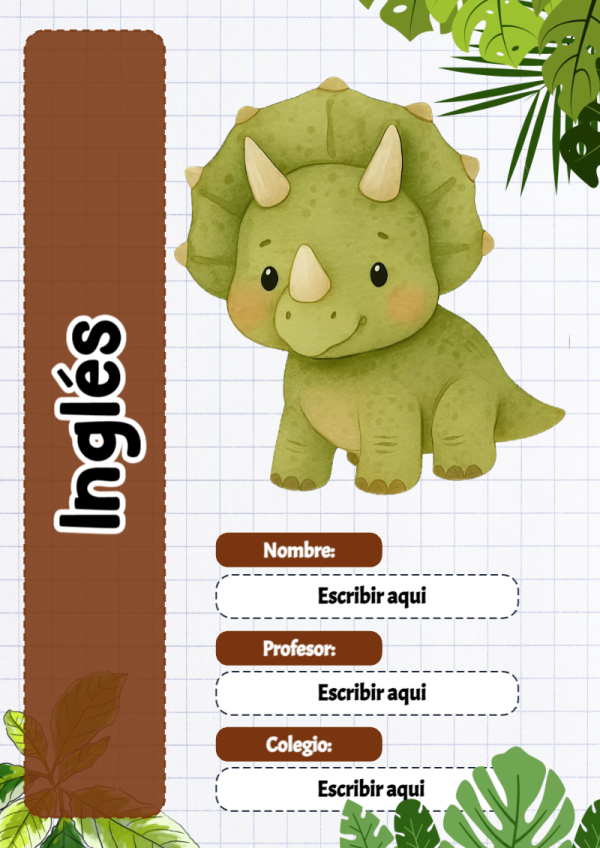 Portada de Dinosaurio de Inglés para cuaderno en formato A4 - disponible para descarga gratuita