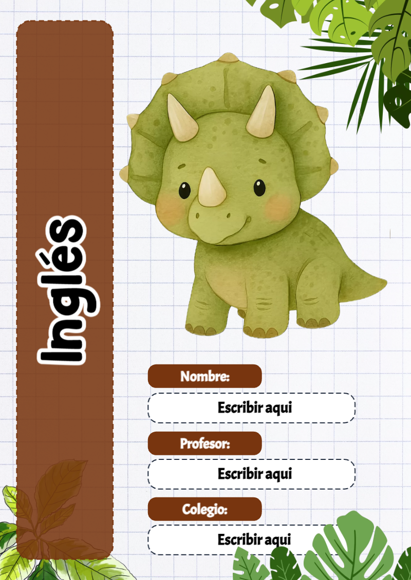 Portada de Dinosaurio de Inglés para cuaderno en formato A4 - disponible para descarga gratuita