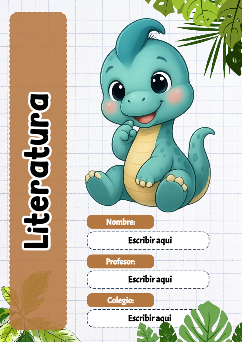Portada de Dinosaurio de Literatura para cuaderno para estudiantes - formato digital listo para usar