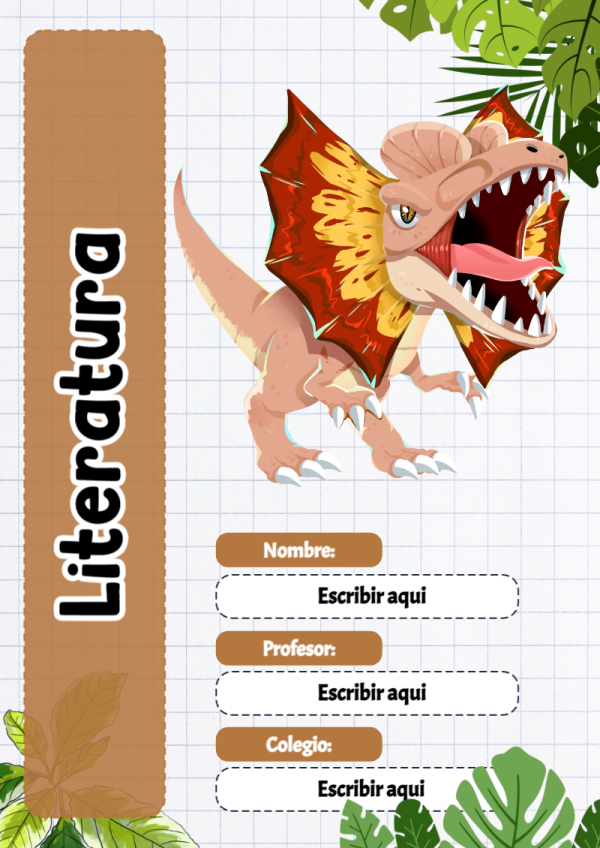 Portada de Dinosaurio de Literatura para cuaderno bonita para imprimir - para personalizar tus materias