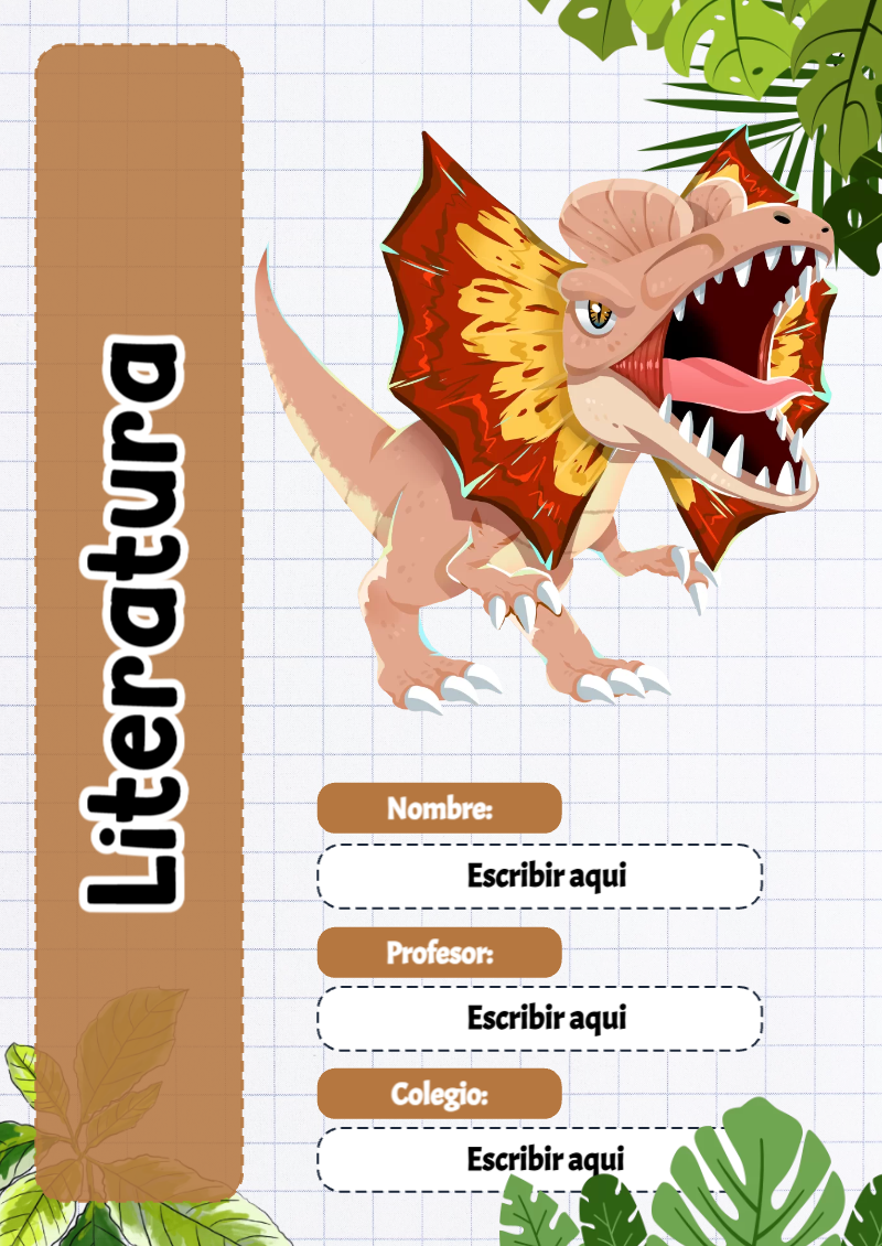 Portada de Dinosaurio de Literatura para cuaderno bonita para imprimir - para personalizar tus materias