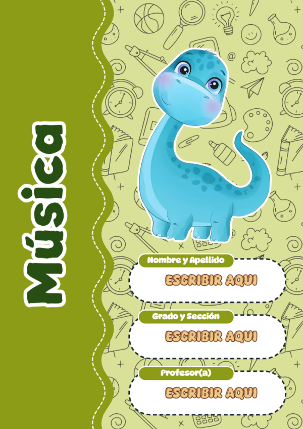 Portada de Dinosaurio de Música para cuaderno lista para imprimir en A4 - para el regreso a clases