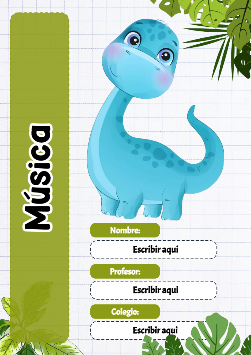 Portada de Dinosaurio de Música para cuaderno bonita para imprimir - perfecto para organizar tus apuntes