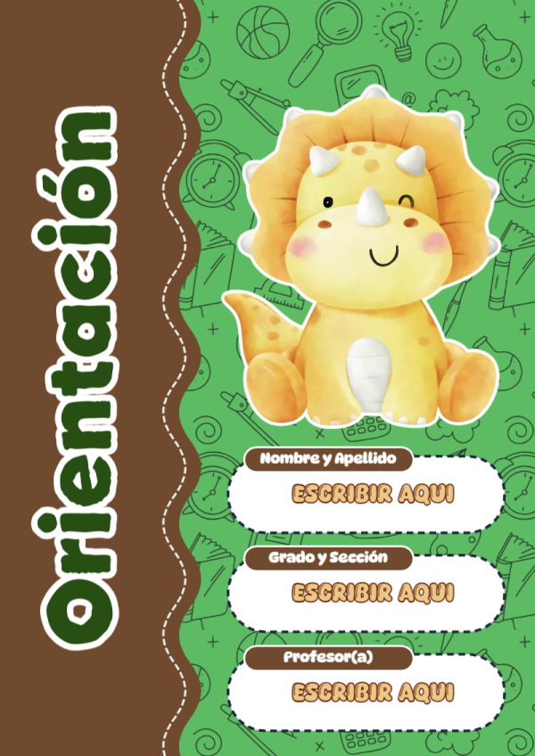 Portada de Dinosaurio de Orientación para cuaderno fácil de imprimir - diseño escolar moderno