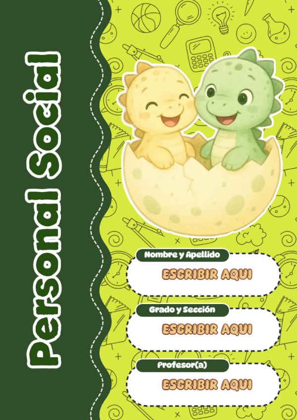 Portada de Dinosaurio de Personal Social para cuaderno escolar para imprimir gratis - diseño exclusivo y original