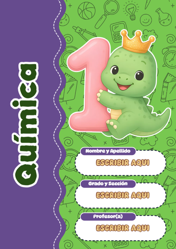 Portada de Dinosaurio de Química para cuaderno con estilo infantil - disponible para descarga gratuita