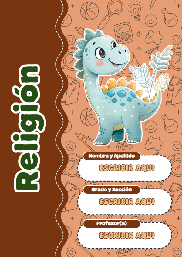 Portada de Dinosaurio de Religión para cuaderno con diseño bonito - diseño exclusivo y original