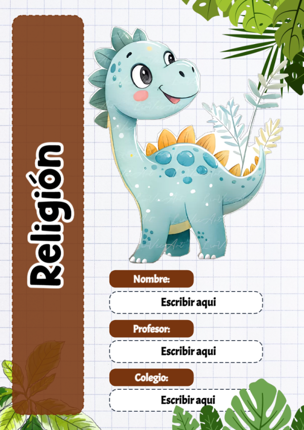Portada de Dinosaurio de Religión para cuaderno para clases - creación especial de Mini Canva