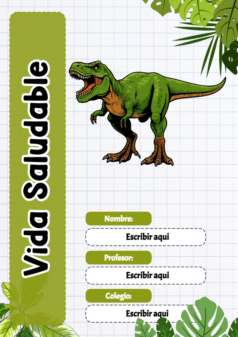 Portada de Dinosaurio de Vida Saludable para cuaderno lista para imprimir en A4 - para personalizar tus materias