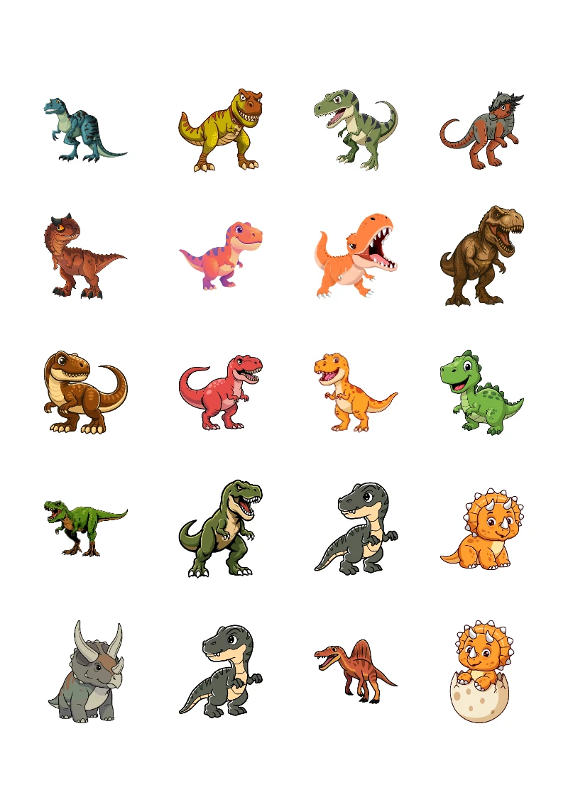 Stickers decorativos de Dinosaurios para Imprimir y Recortar Gratis (Diseño 2) para imprimir en A4 - con colores vivos y llamativos